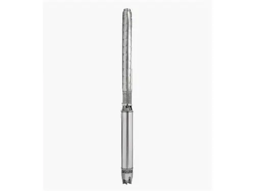Vertikale Unterwasserpumpe aus Metall mit zylindrischem Design, hergestellt von Grundfos, für den Einsatz in tiefen Wasserversorgungsanlagen.